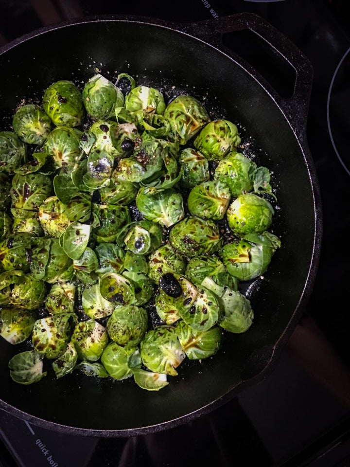Blackened Salmon and Bacon-Balsamic Roasted Brussels Sprouts: our go-to weeknight dinner